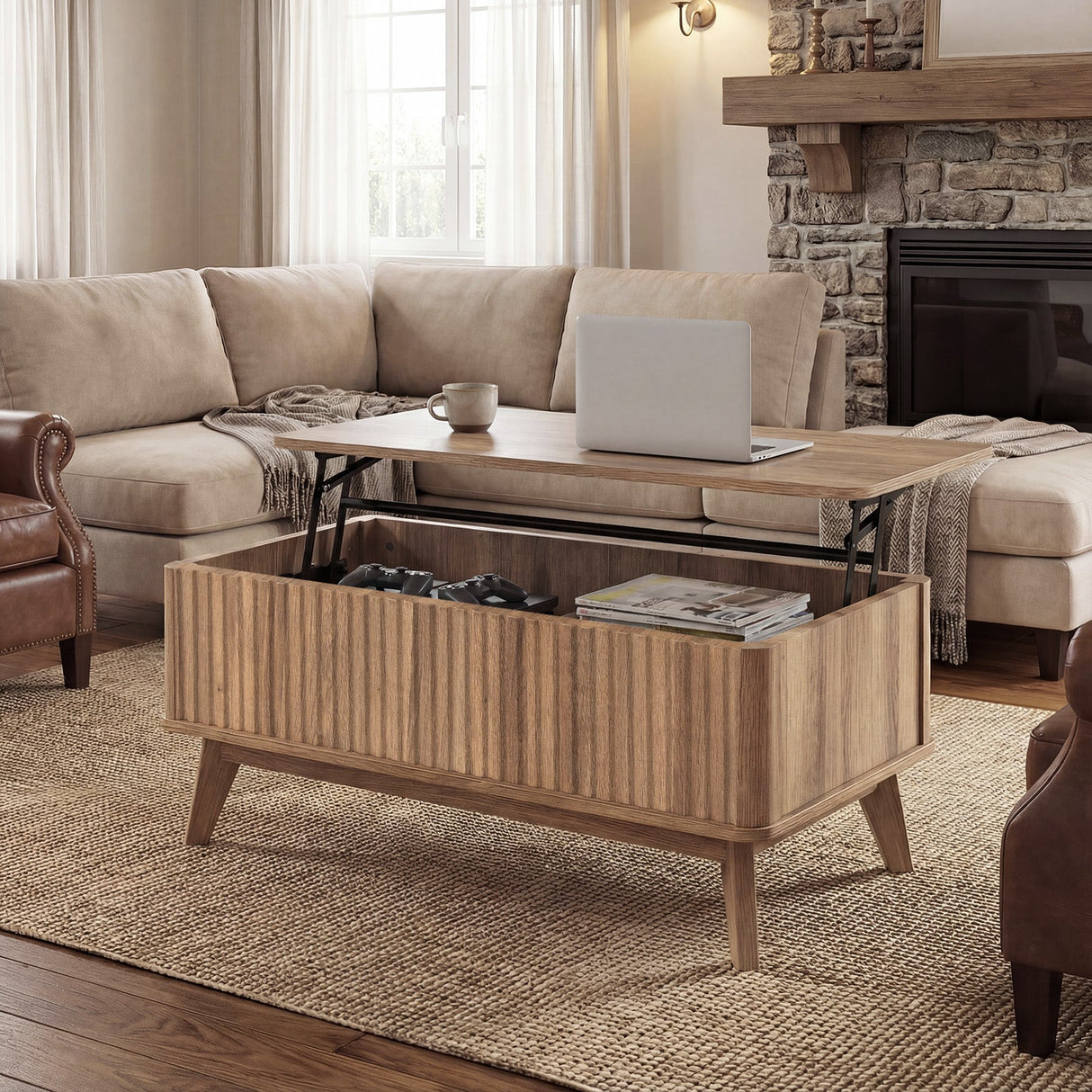 Mesa de centro rectangular de madera estriada con tapa elevable de 35.5" - Nogal