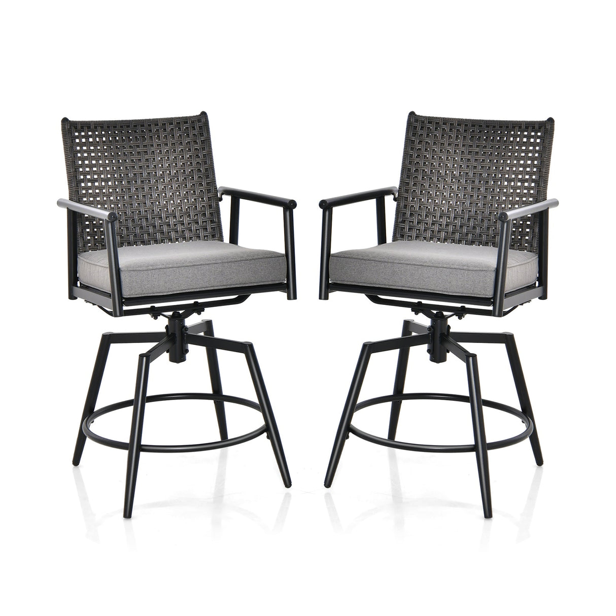 360 Degree Swivel Bar Stool Set of 2 with Metal Frame and PE Rattan Backrest-Black