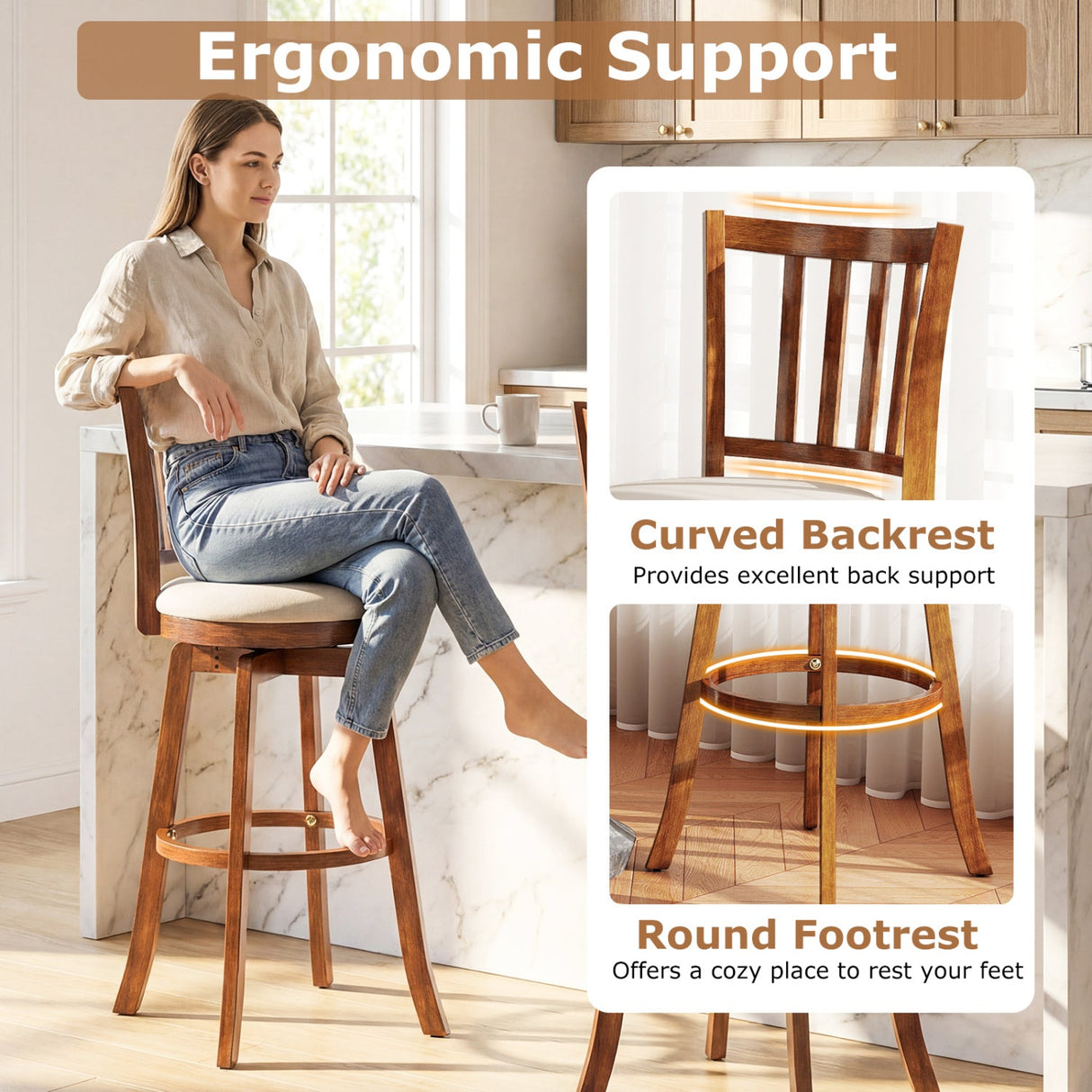 360° Rotating Counter Height Chairs Set of 4 with Backrest and Upholstered Seat