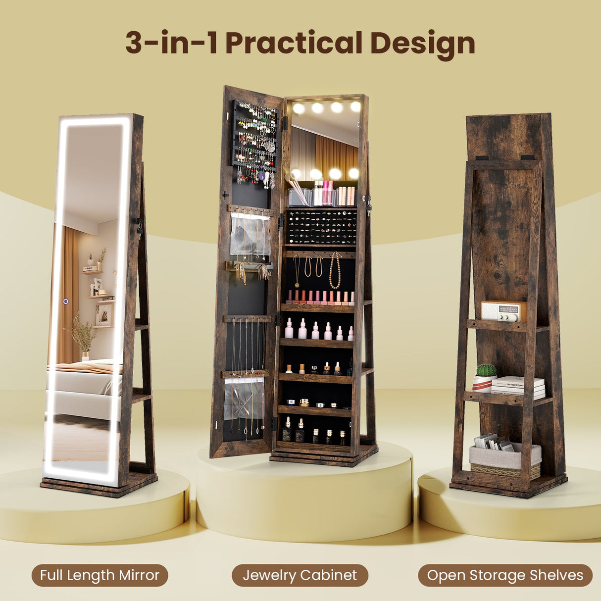 360° Swivel Freestanding Jewelry Cabinet with Lighted Full Length Mirror