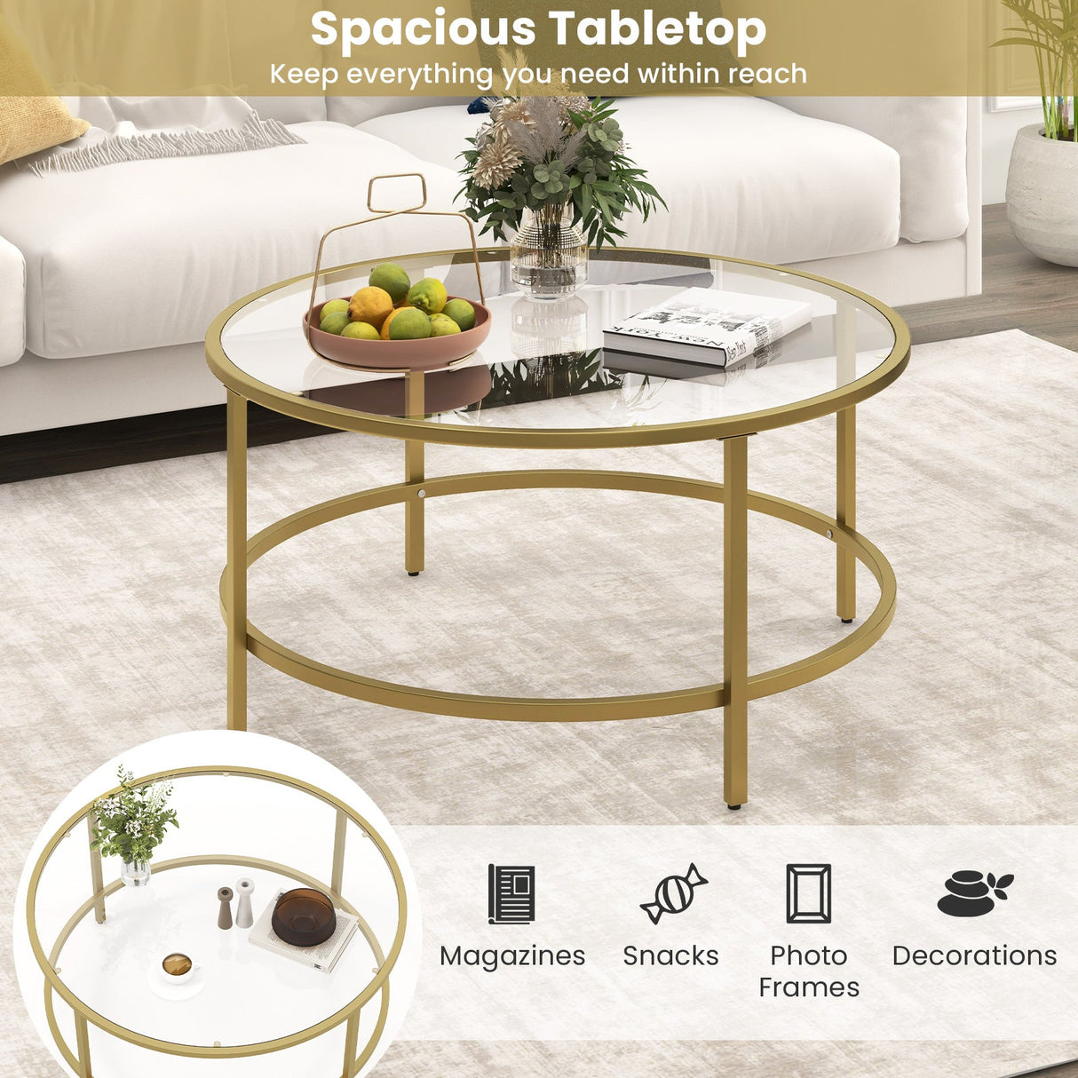 Mesa de centro redonda de 36 pulgadas con tablero de cristal templado