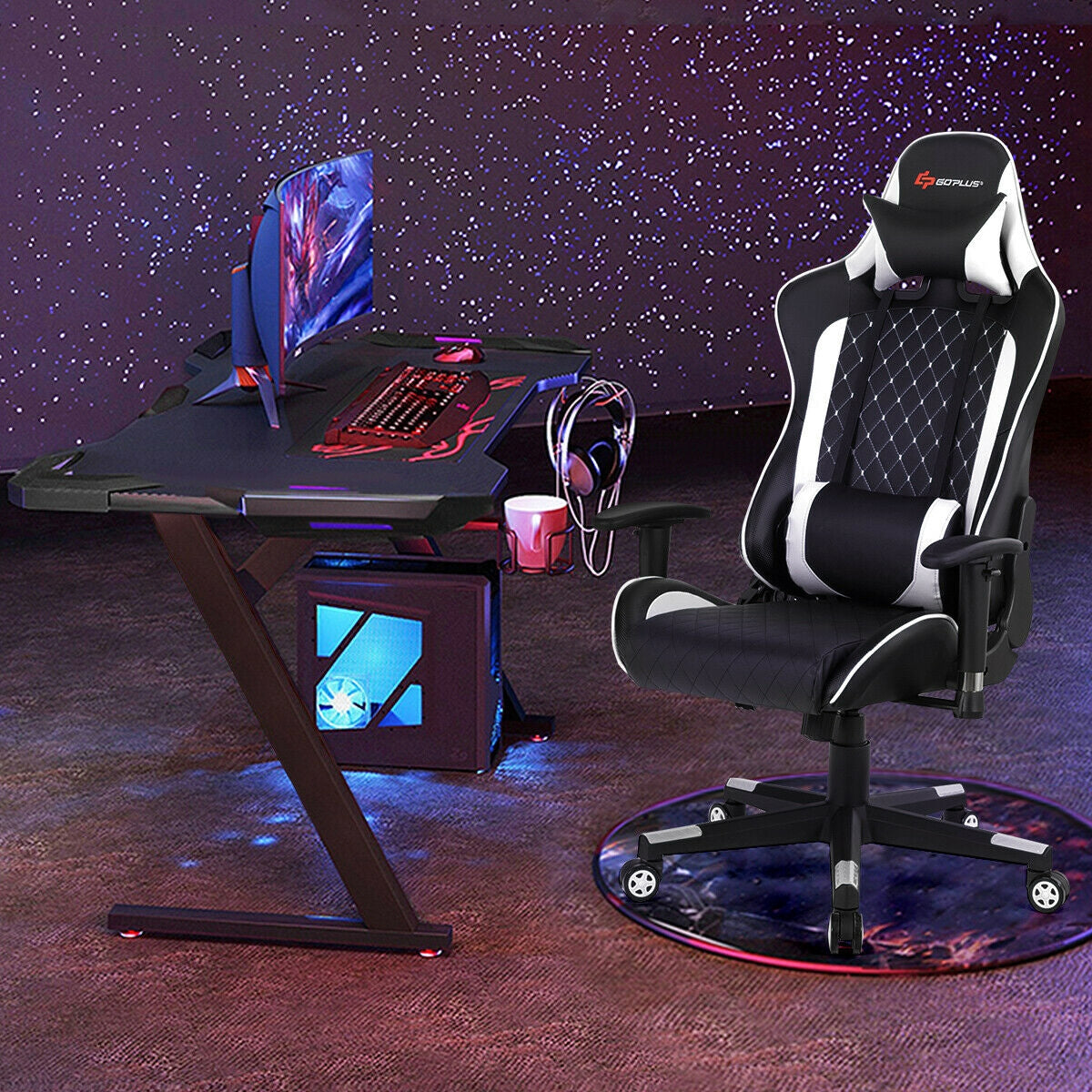 Silla de juego con masaje, soporte lumbar y reposacabezas