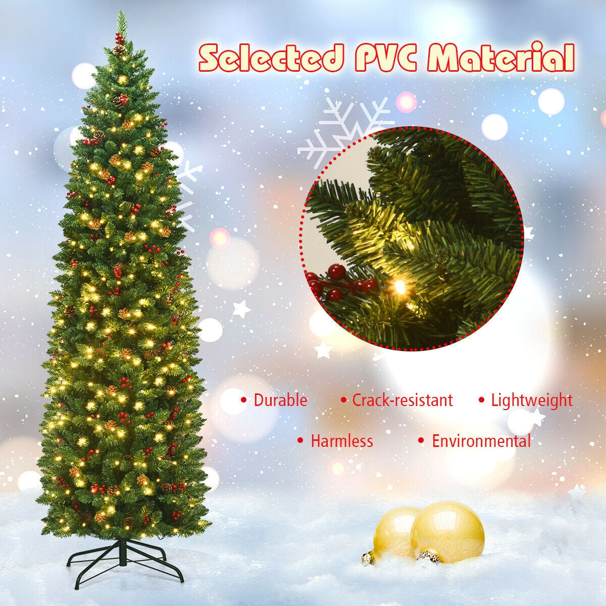 Pino de Navidad delgado con bisagras de 7.5 pies, preiluminado, con piñas y bayas rojas