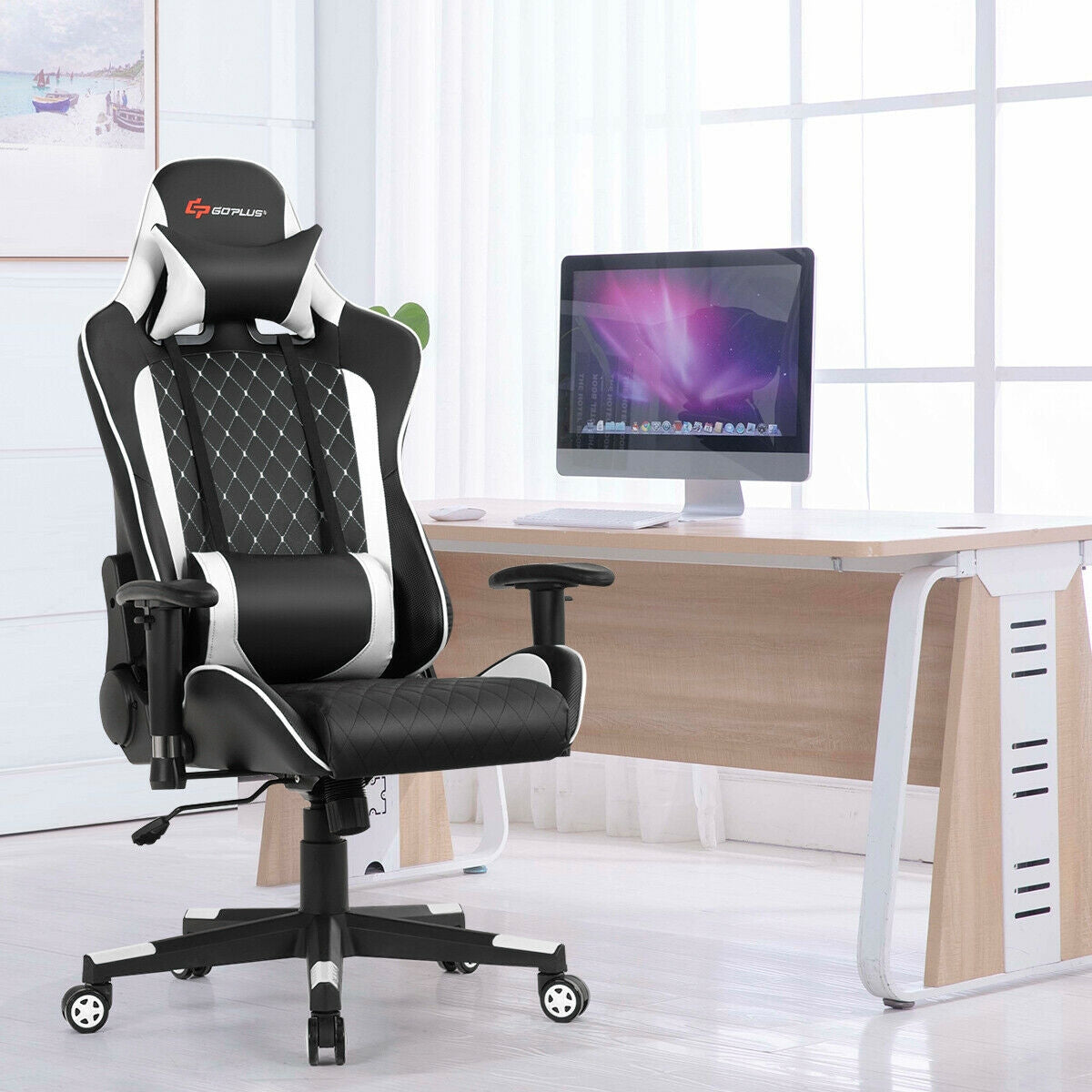 Silla de juego con masaje, soporte lumbar y reposacabezas