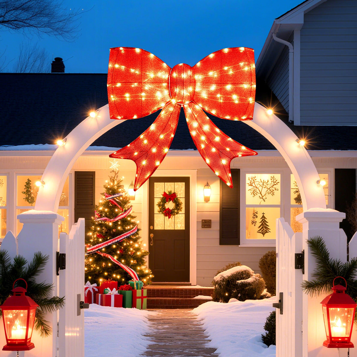 Lazo de Navidad iluminado de 37 pulgadas con luces LED de color blanco cálido