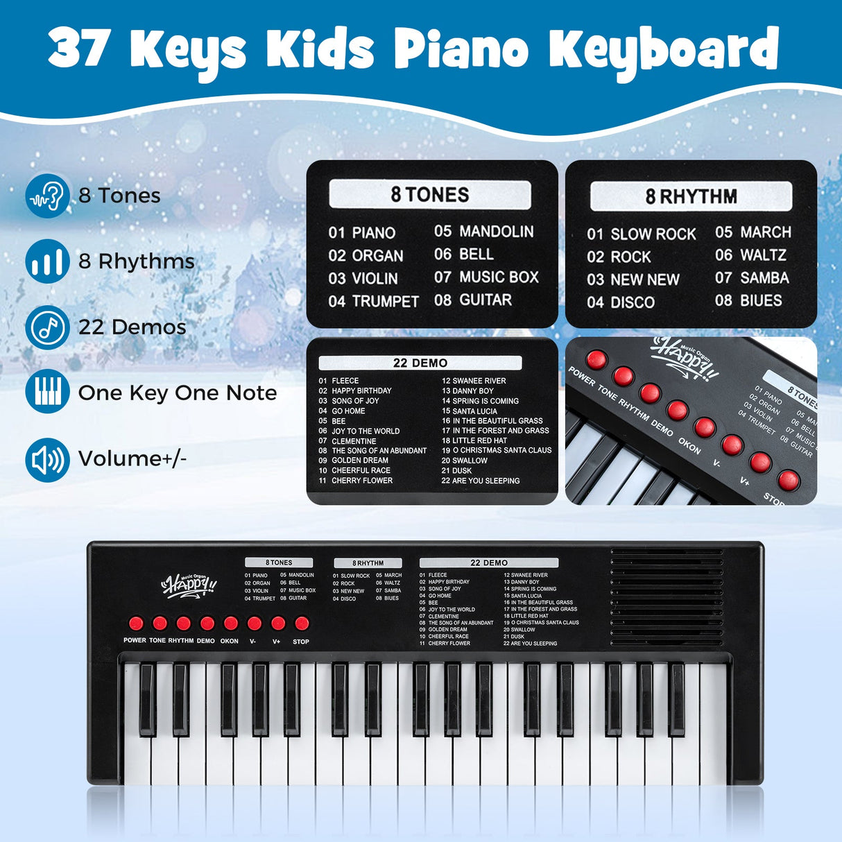 Teclado de piano para niños de 37 teclas con 8 ritmos y micrófono