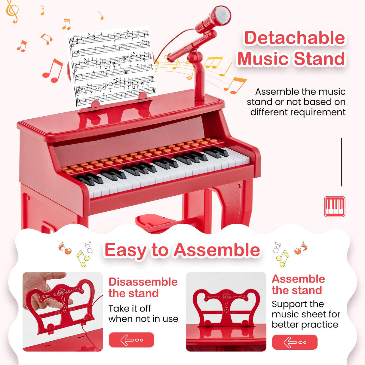 Piano musical de 37 teclas con micrófono Teclado de piano para niños con atril desmontable