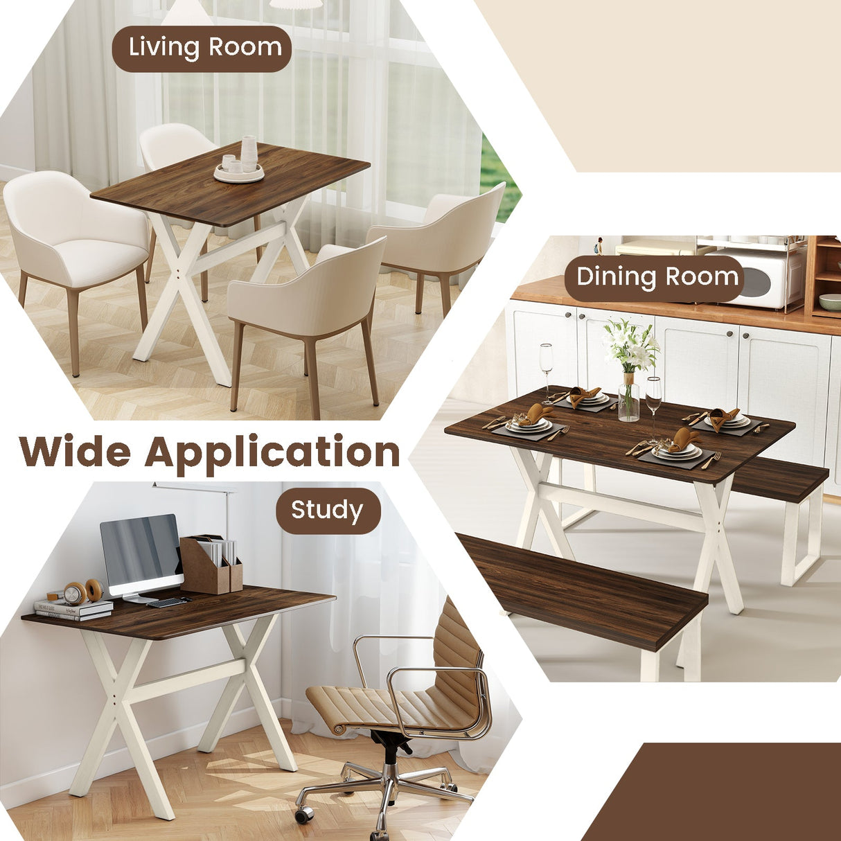 Mesa de comedor moderna, mesa de cocina de madera con estructura en forma de X - Blanca