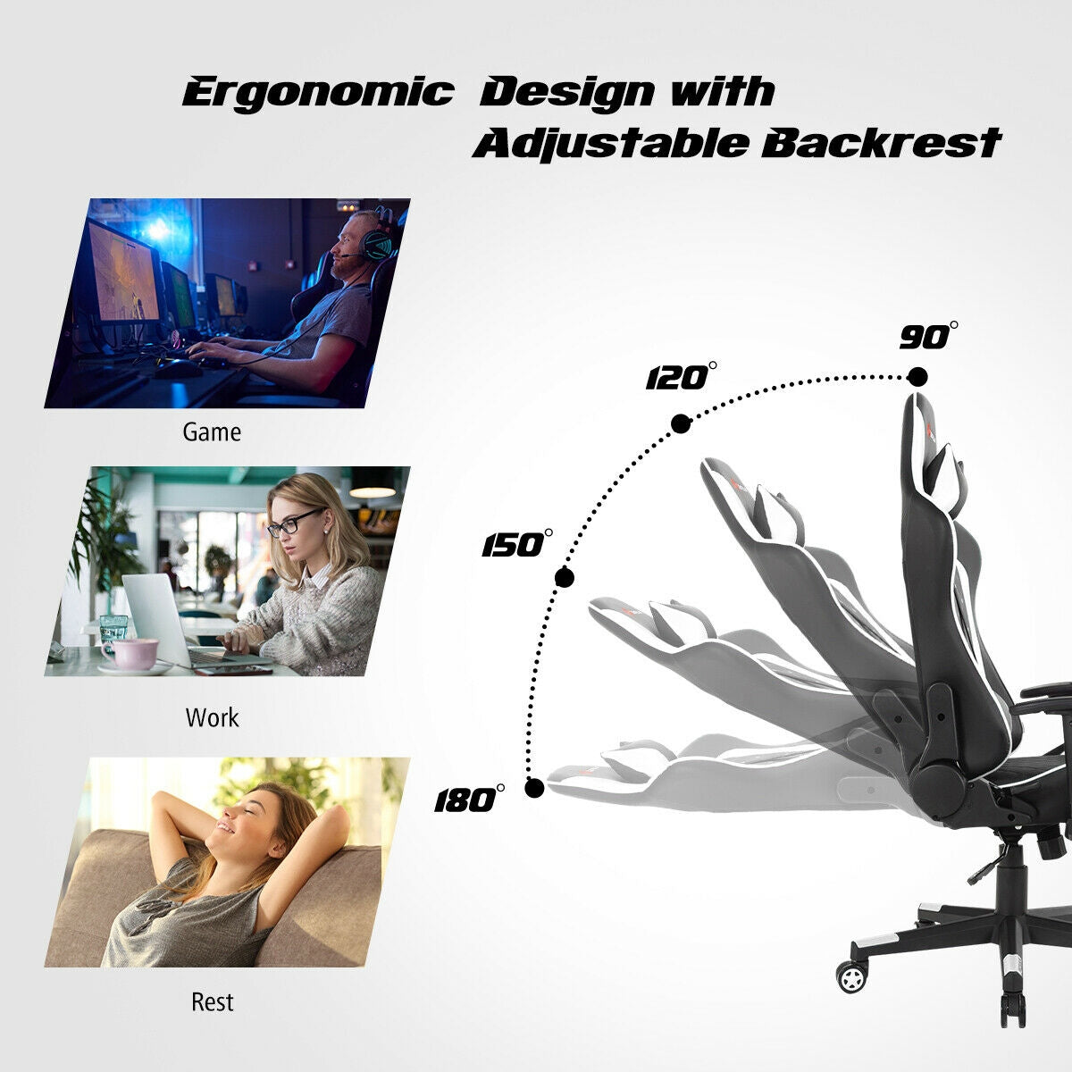 Silla de juego con masaje, soporte lumbar y reposacabezas