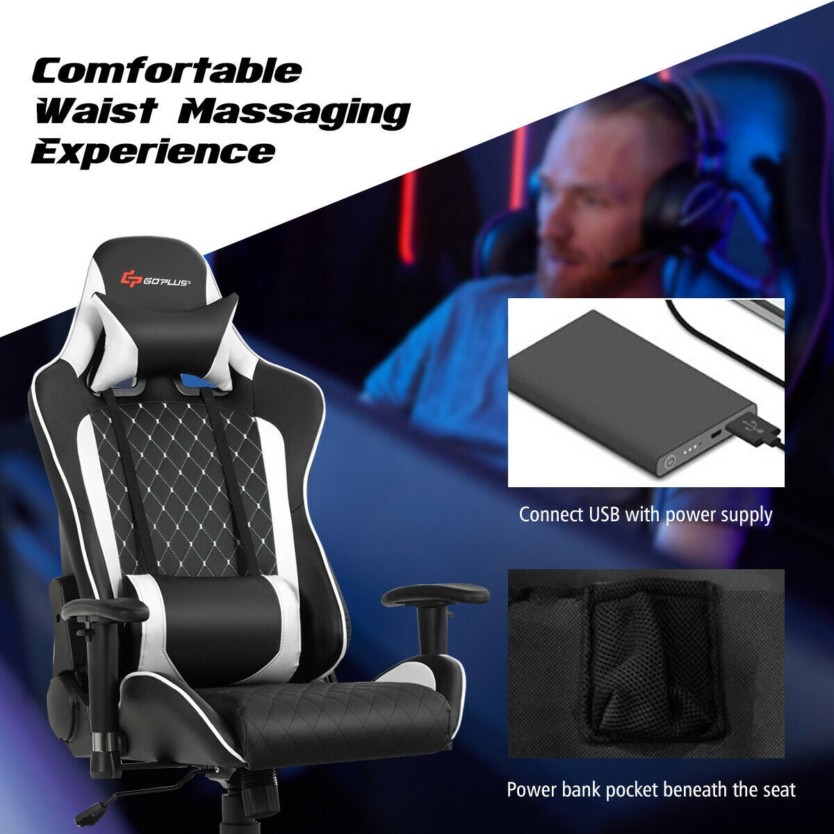 Silla de juego con masaje, soporte lumbar y reposacabezas