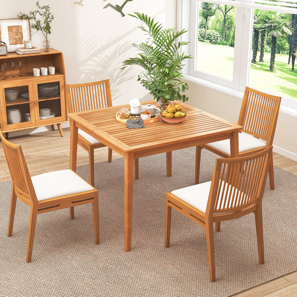 Mesa Bistro Cuadrada de Comedor de Madera de Acacia de 40 Pulgadas con Agujero para Sombrilla de 1.96 Pulgadas
