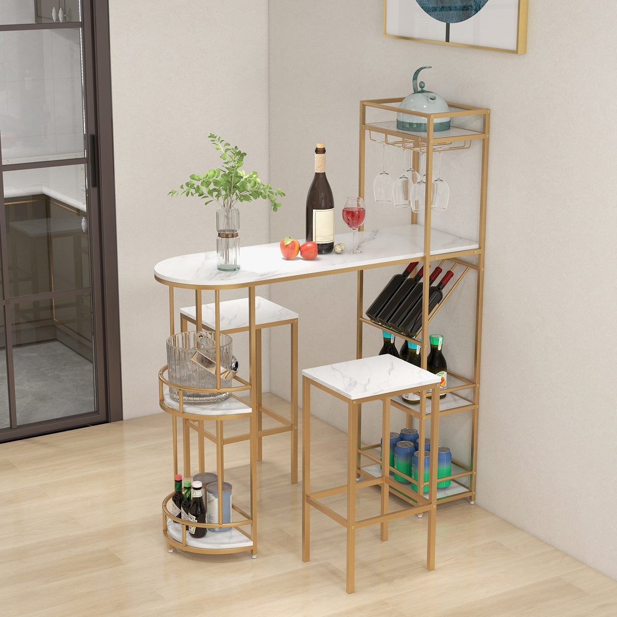 Juego de mesa de bar de 3 piezas con estantes de almacenamiento y botellero-Dorado