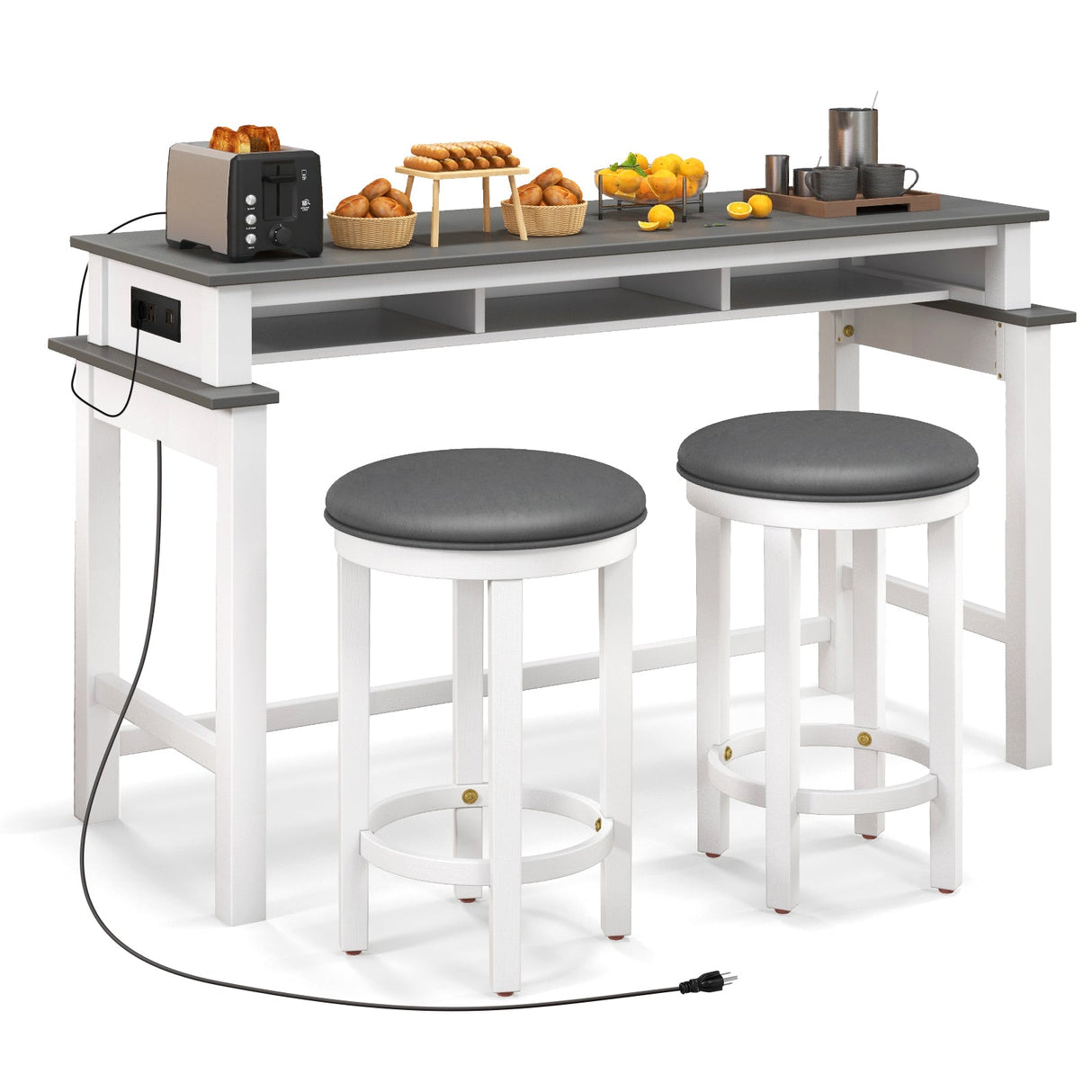Juego de bar de 3 piezas con 2 taburetes tapizados, tomas de corriente y puertos USB