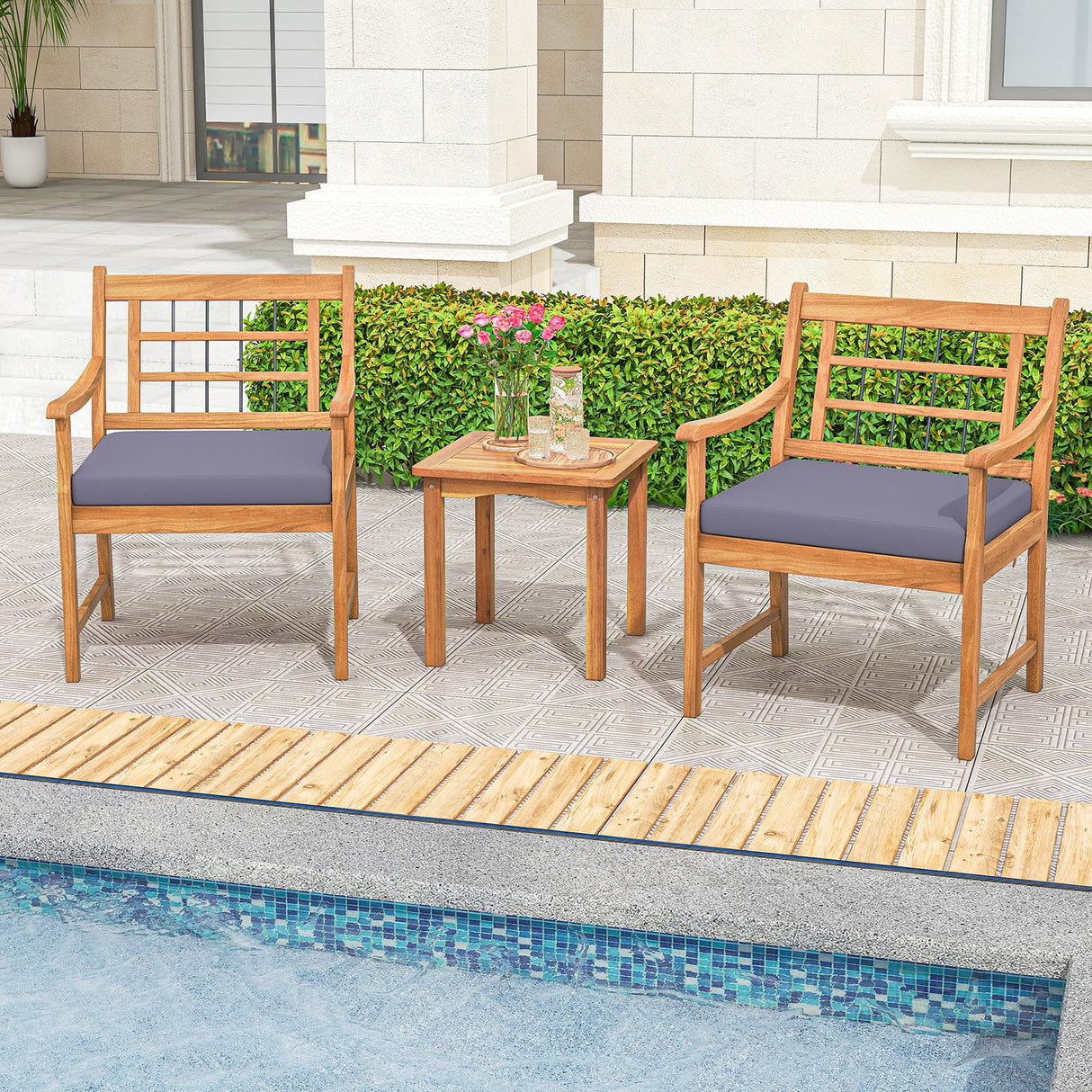 Juego de muebles de patio de madera de 3 piezas con cojines de asiento y estructura de madera de acacia