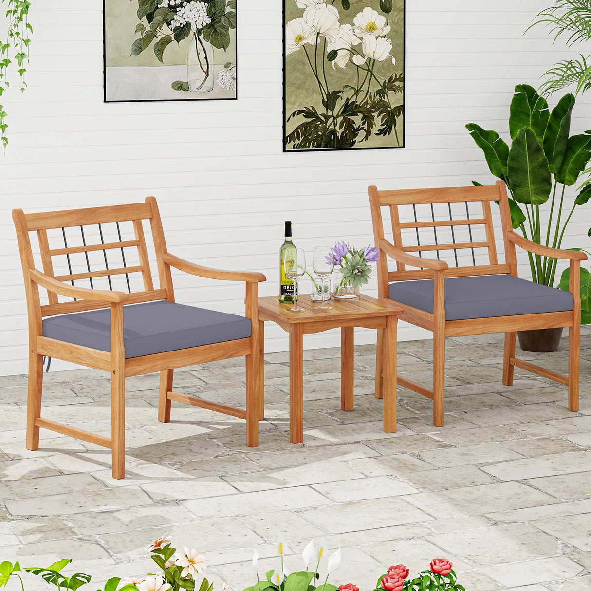 Juego de muebles de patio de madera de 3 piezas con cojines de asiento y estructura de madera de acacia