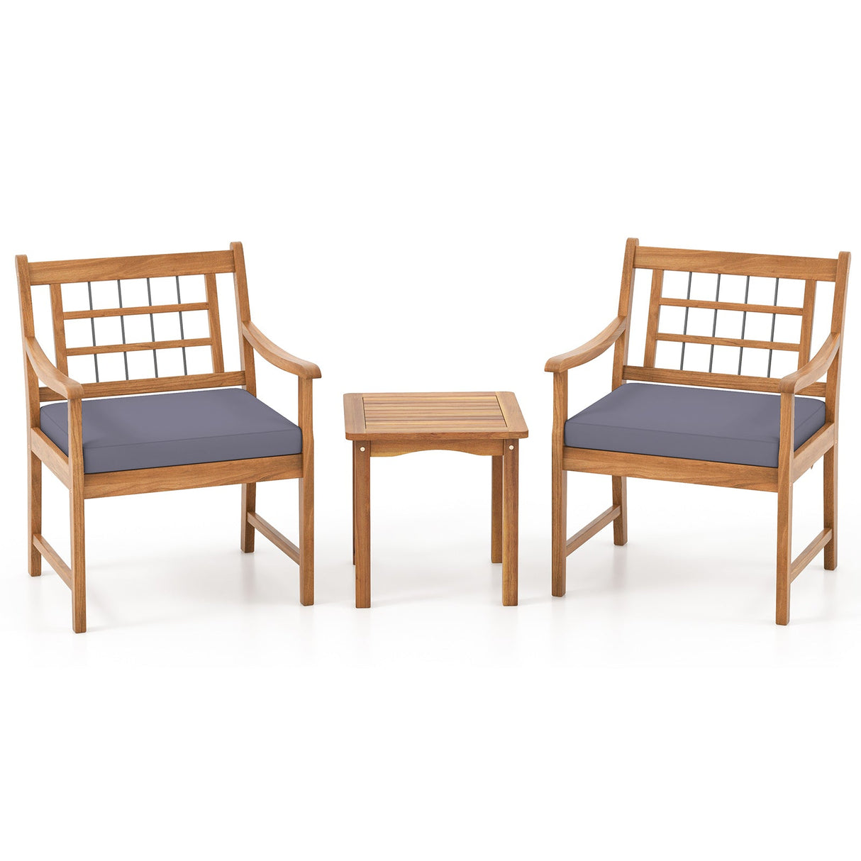 Juego de muebles de patio de madera de 3 piezas con cojines de asiento y estructura de madera de acacia