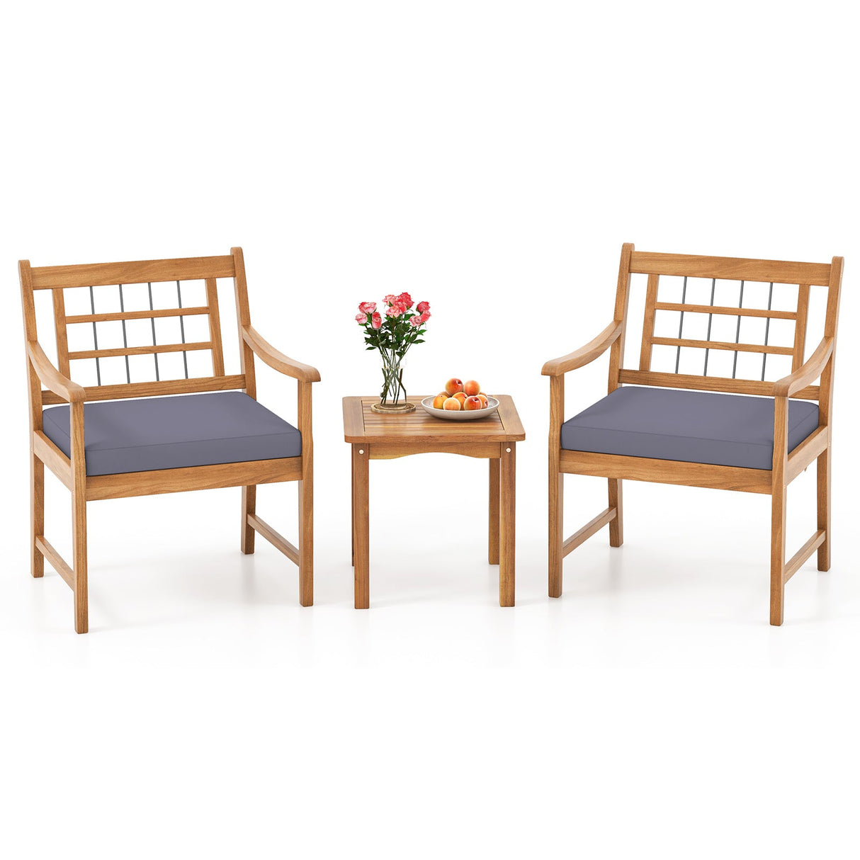 Juego de muebles de patio de madera de 3 piezas con cojines de asiento y estructura de madera de acacia