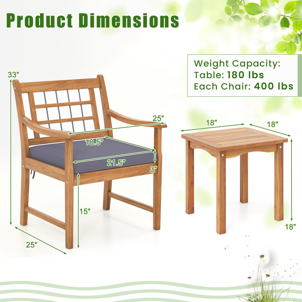 Juego de muebles de patio de madera de 3 piezas con cojines de asiento y estructura de madera de acacia