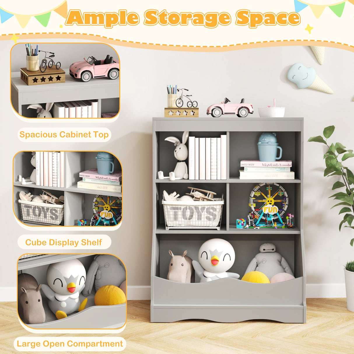 Mueble organizador infantil 3 en 1 con estantería, almacenamiento de juguetes y armario de suelo