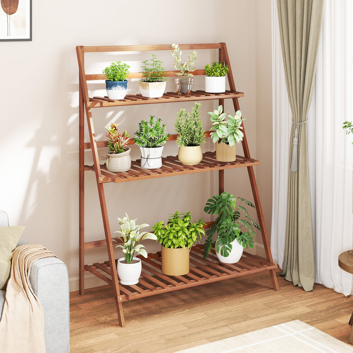 Estantería de bambú plegable de 3 niveles para plantas, flores o libros - Marrón