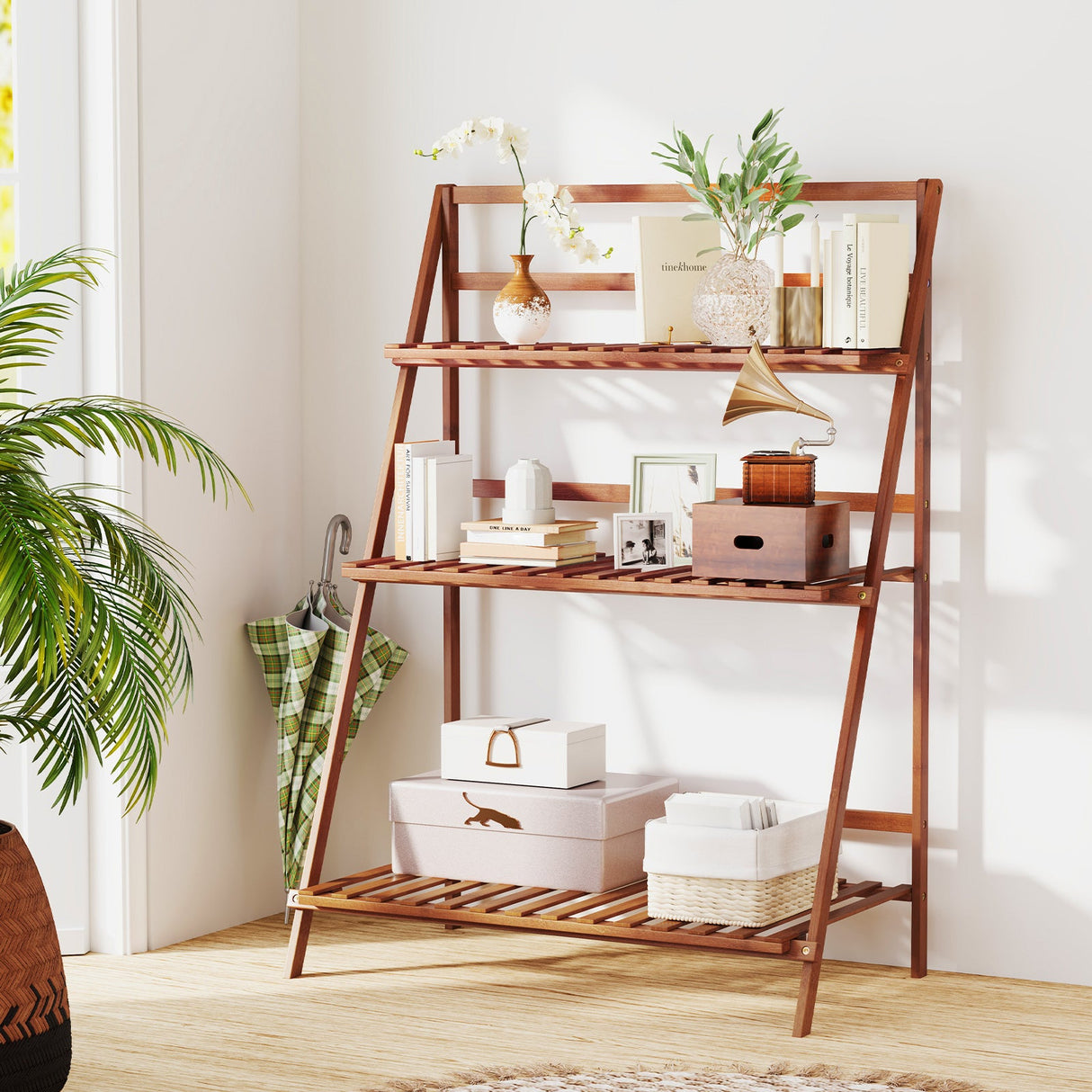 Estantería de bambú plegable de 3 niveles para plantas, flores o libros - Marrón