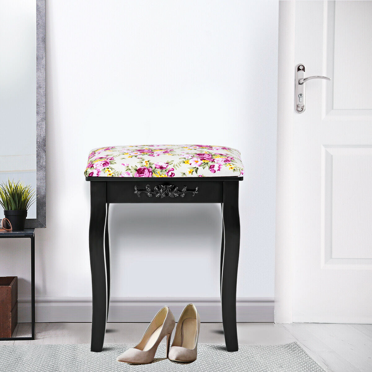Taburete tocador de madera, asiento de piano acolchado con cojín de rosas