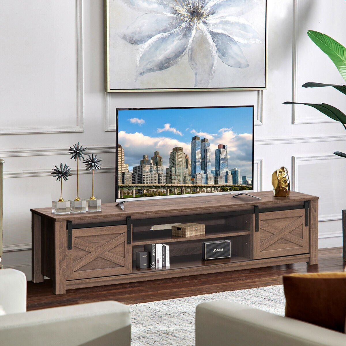 Mueble de TV de 65 pulgadas con puerta corrediza estilo granero