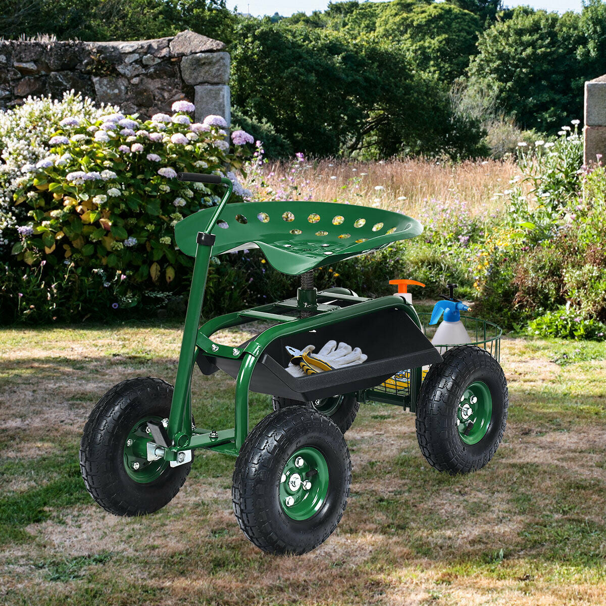 Carro de jardín con manillar extensible y asiento con ruedas