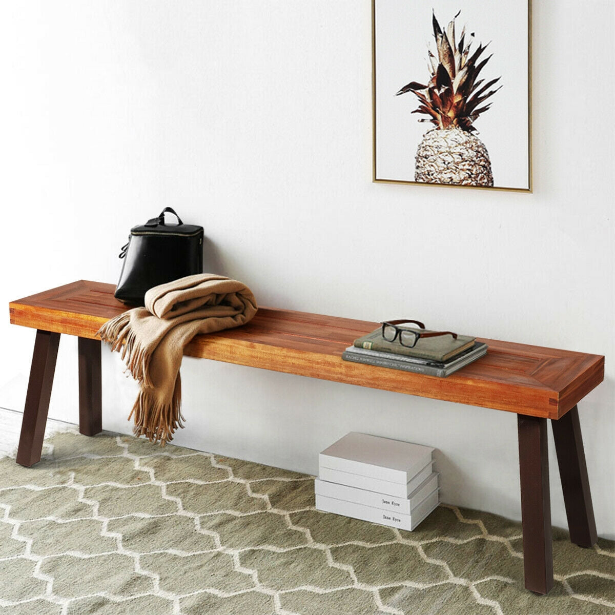Banco de comedor de madera de acacia para patio con patas de acero