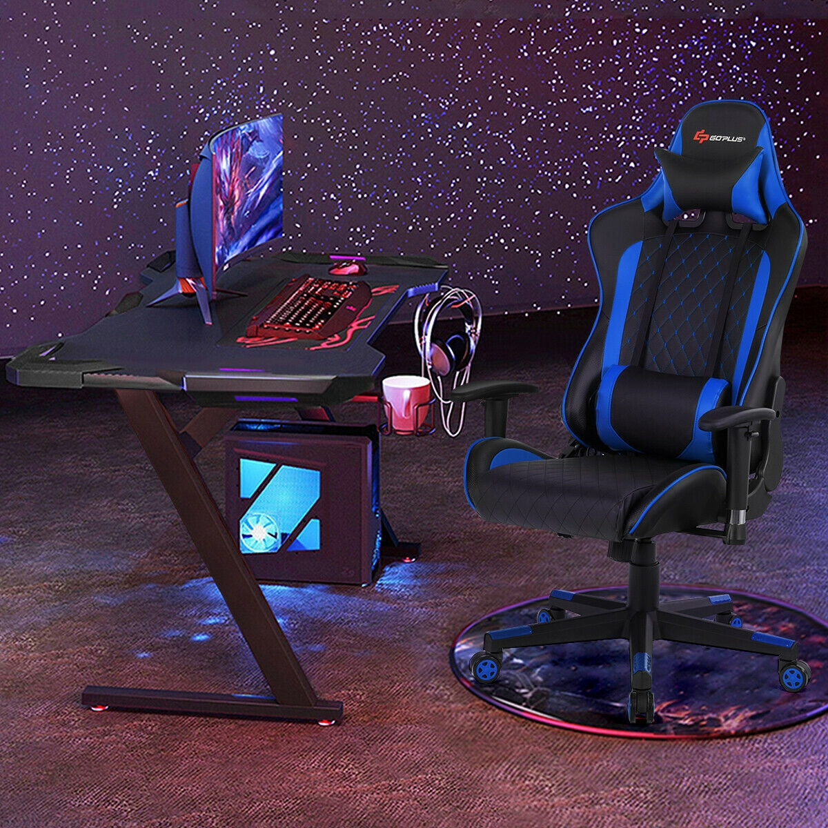 Silla de juego con masaje, soporte lumbar y reposacabezas