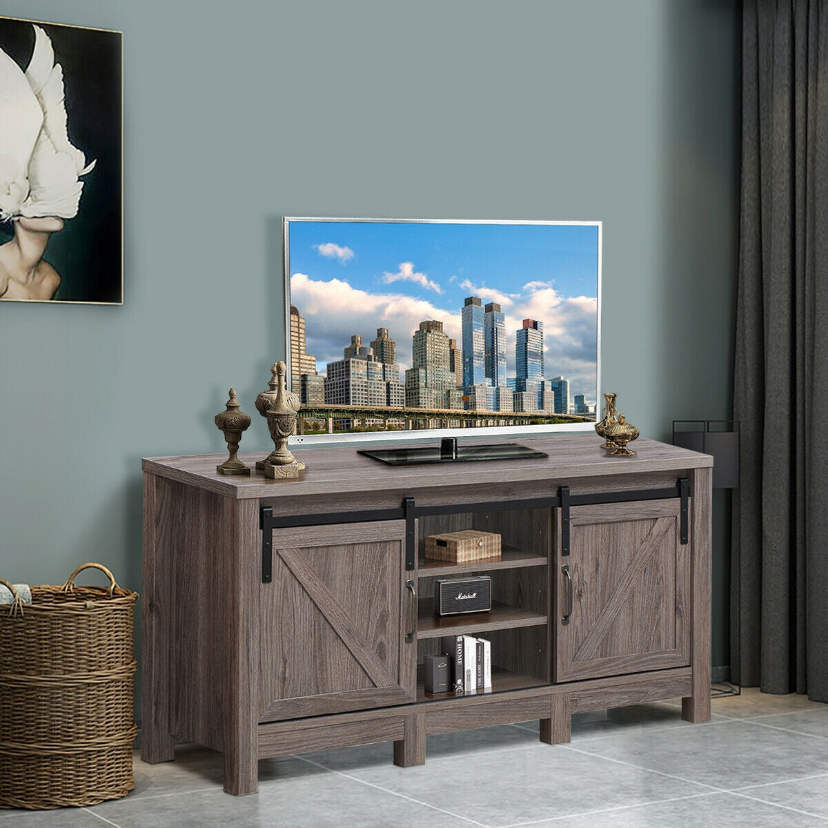 Mueble para TV de 55 pulgadas con puertas corredizas estilo granero y estantes ajustables