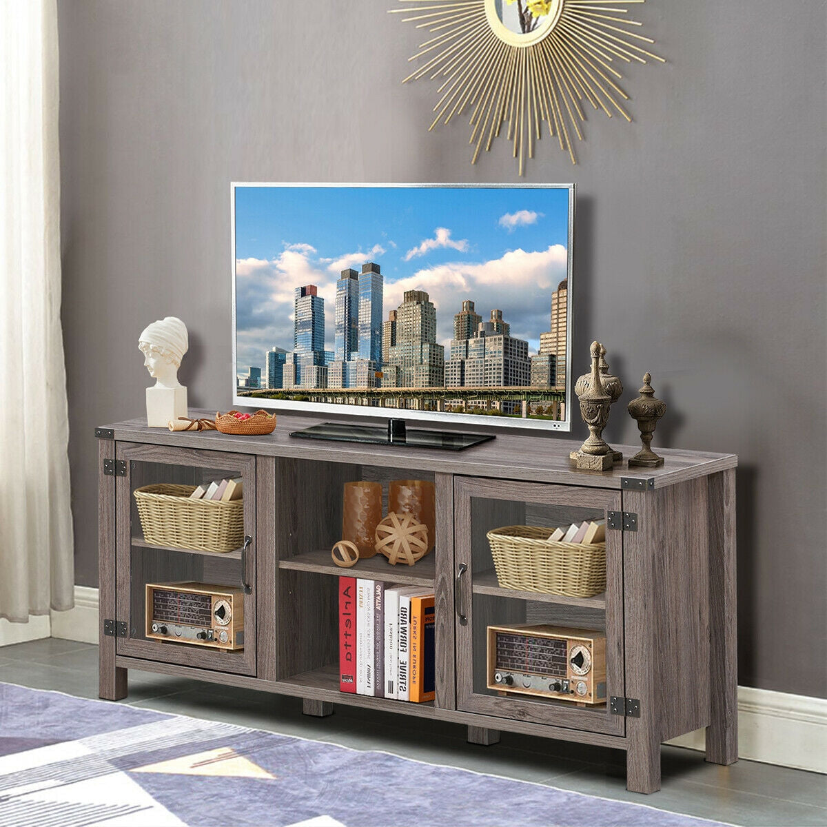 Mueble para TV y centro de entretenimiento para televisores de hasta 65 pulgadas con gabinetes de almacenamiento
