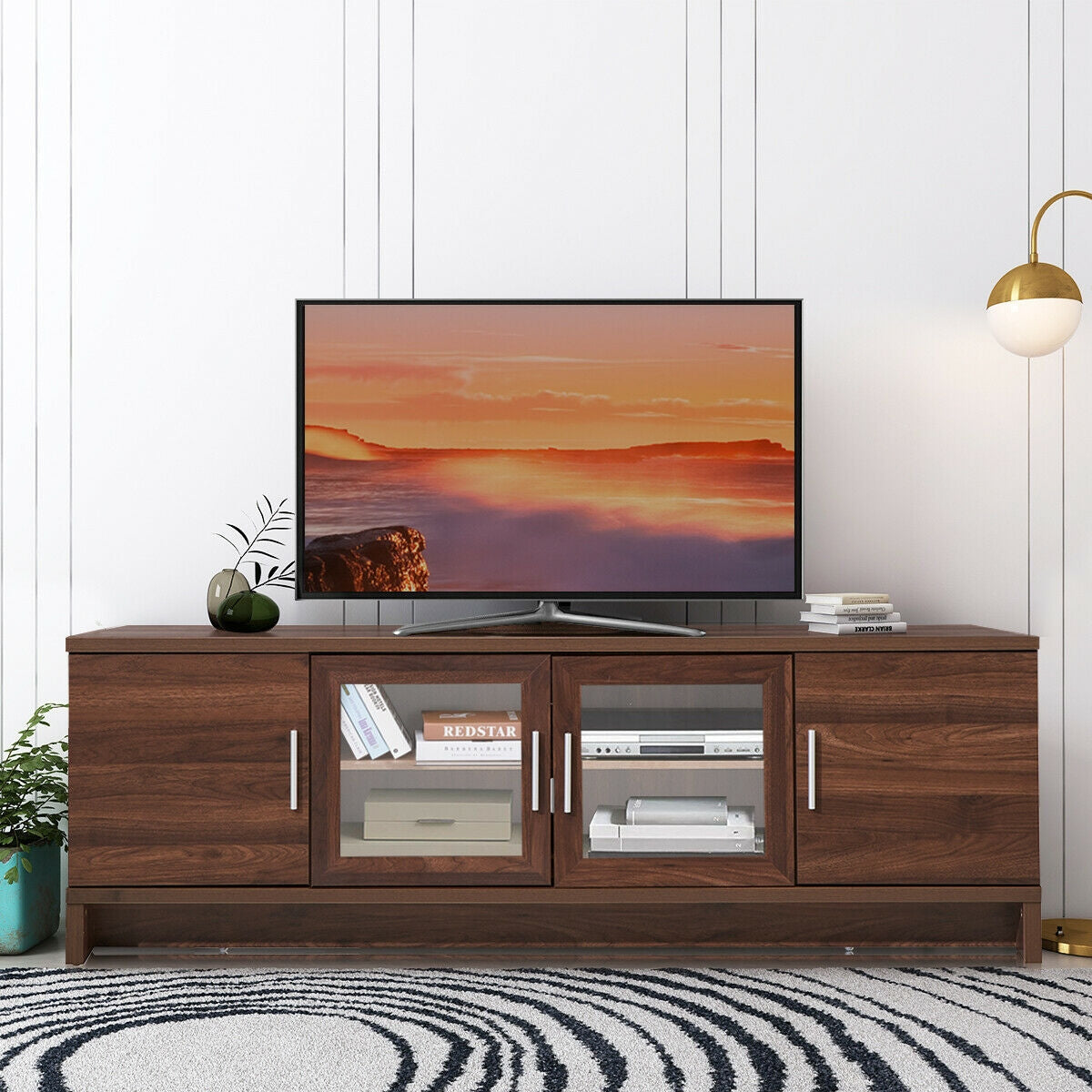 Mueble de TV para entretenimiento multimedia para televisores de hasta 70 pulgadas con estante ajustable-Nogal
