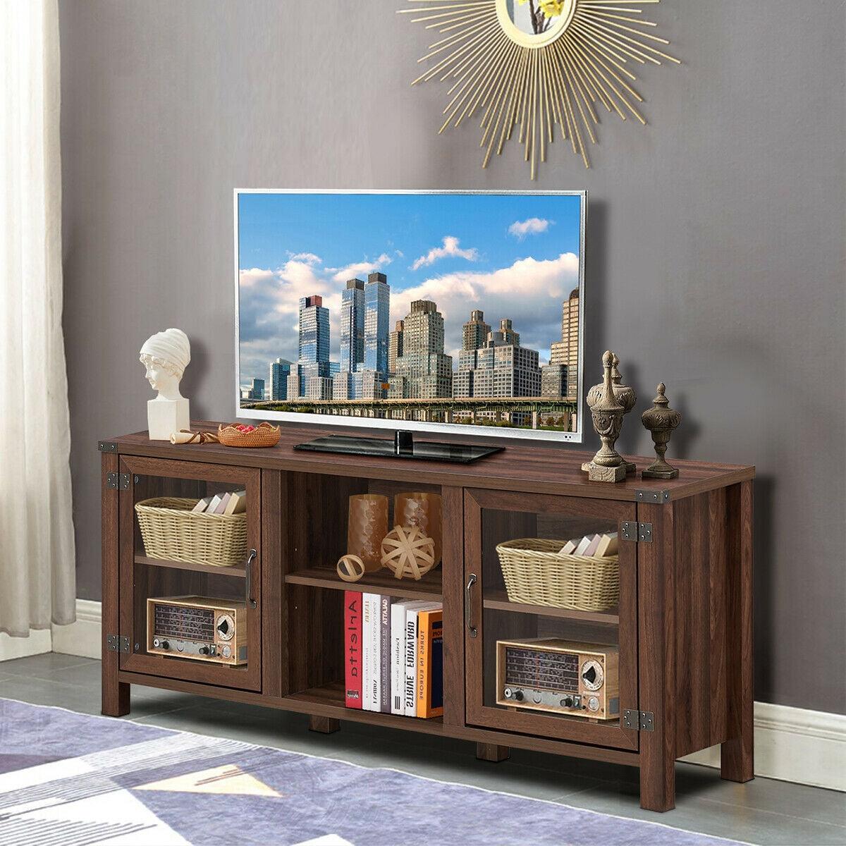 Mueble para TV y centro de entretenimiento para televisores de hasta 65 pulgadas con gabinetes de almacenamiento