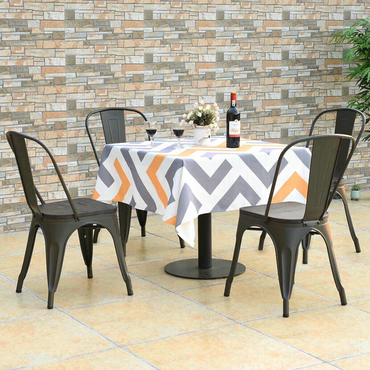 4 sillas de comedor metálicas apilables estilo Tolix con asiento de madera