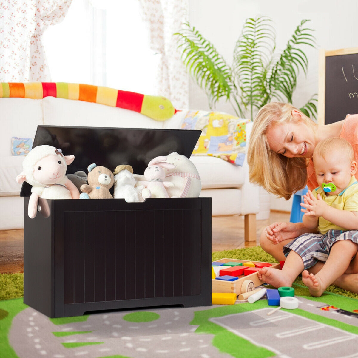 Baúl de juguetes de madera, banco de almacenamiento para niños
