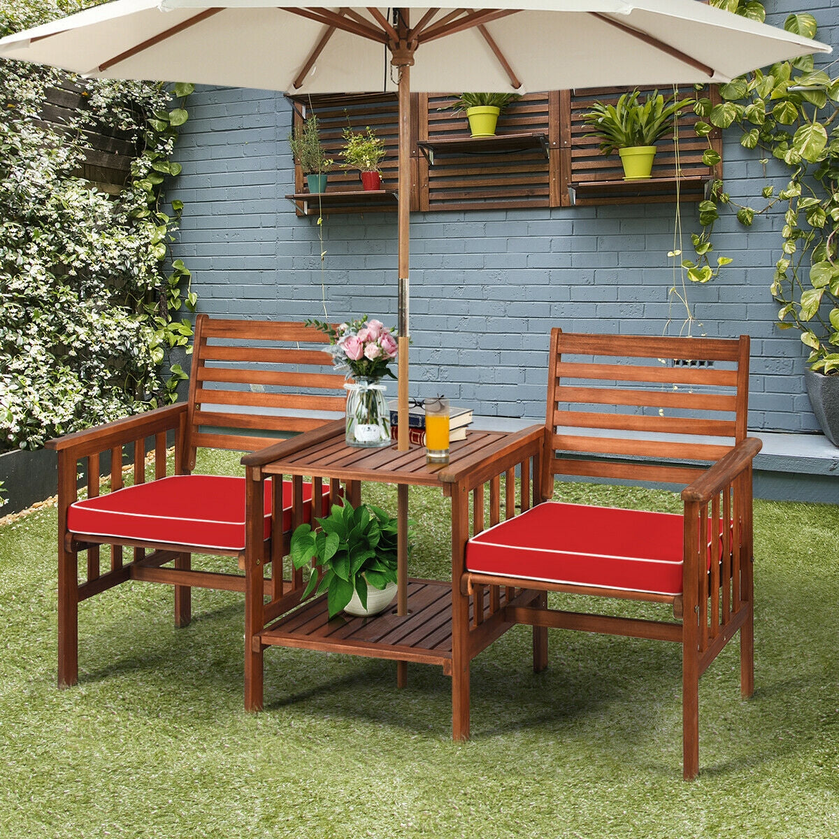 Juego de 3 piezas de mesa y sillas de patio para exteriores, loveseat de madera de acacia