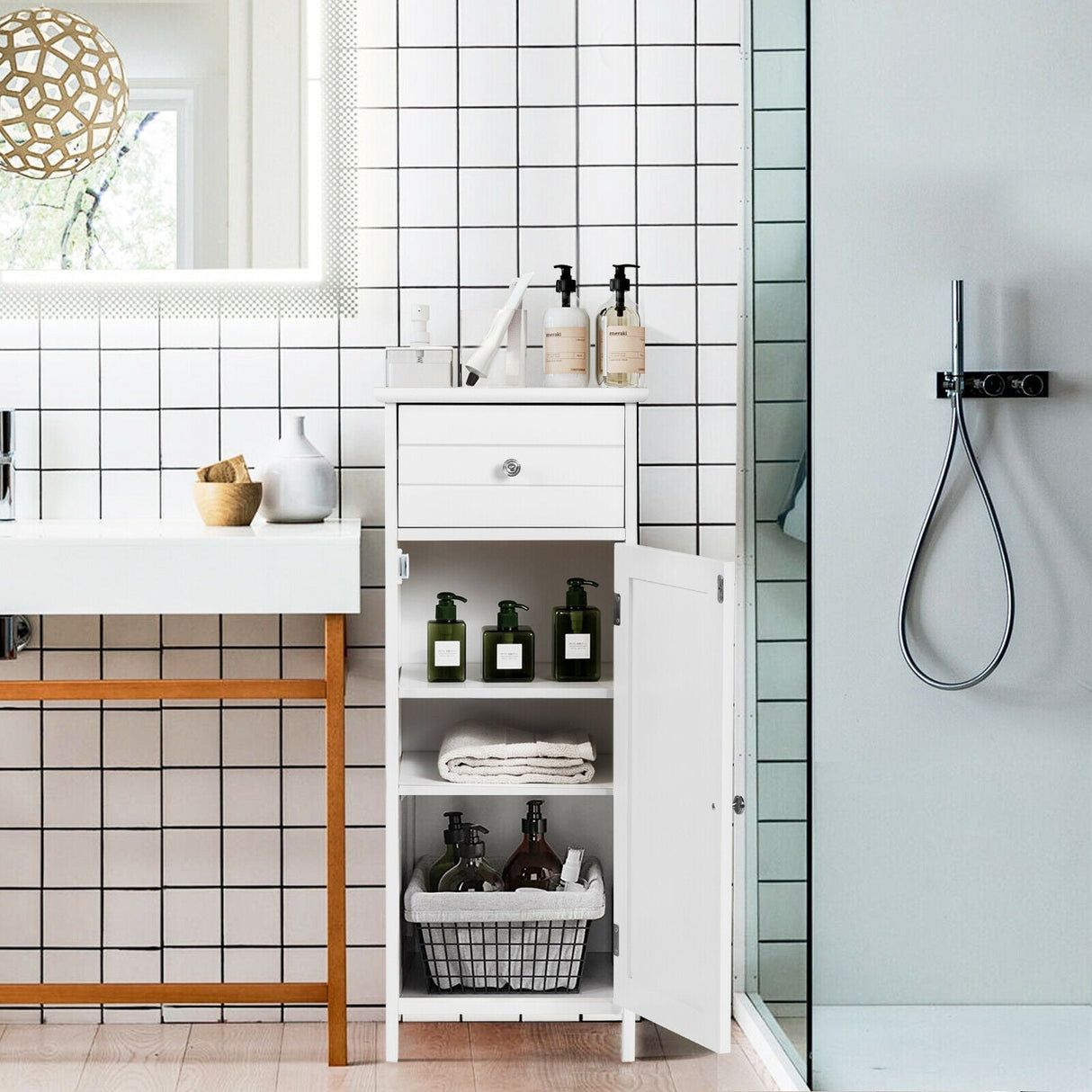 Mueble de almacenamiento de madera para baño con cajón y estante