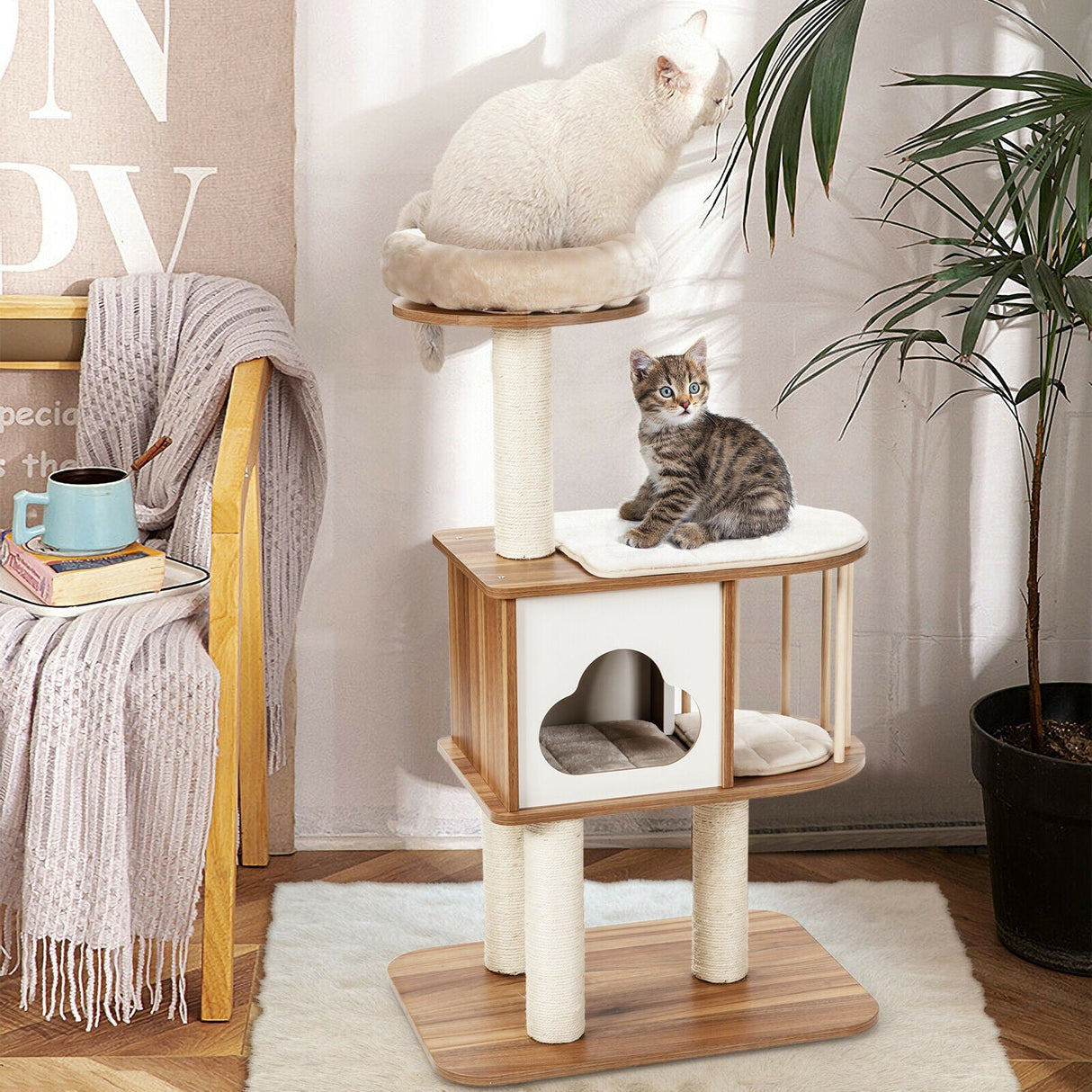 Árbol de actividades para gatos de madera de 46 pulgadas con plataforma y cojines