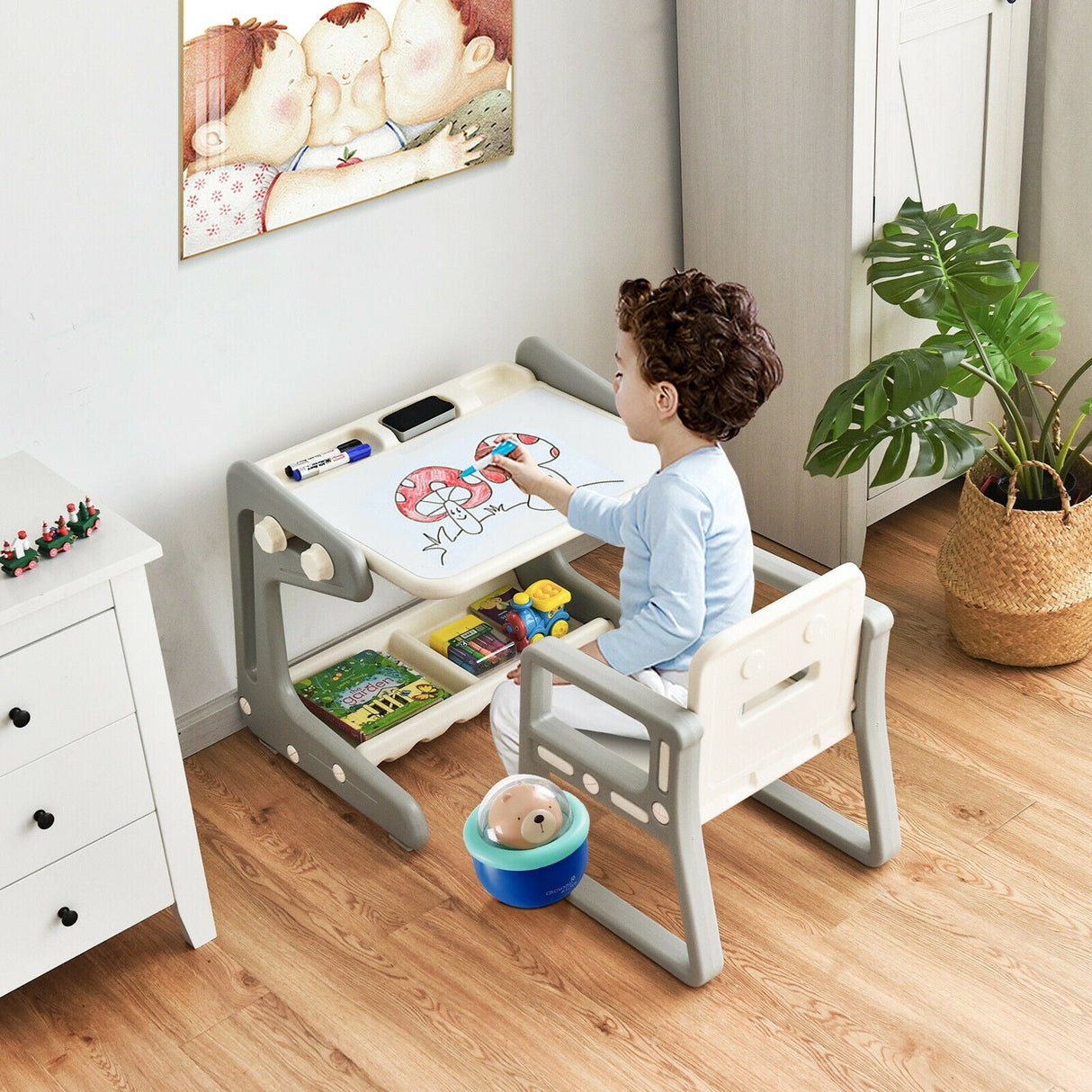 Set de mesa y silla para niños 2 en 1 con caballete y tablero de pintura artística ajustable