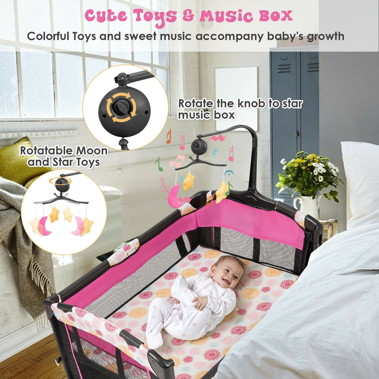 Corral de bebé portátil convertible 3 en 1 con caja de música, ruedas y frenos