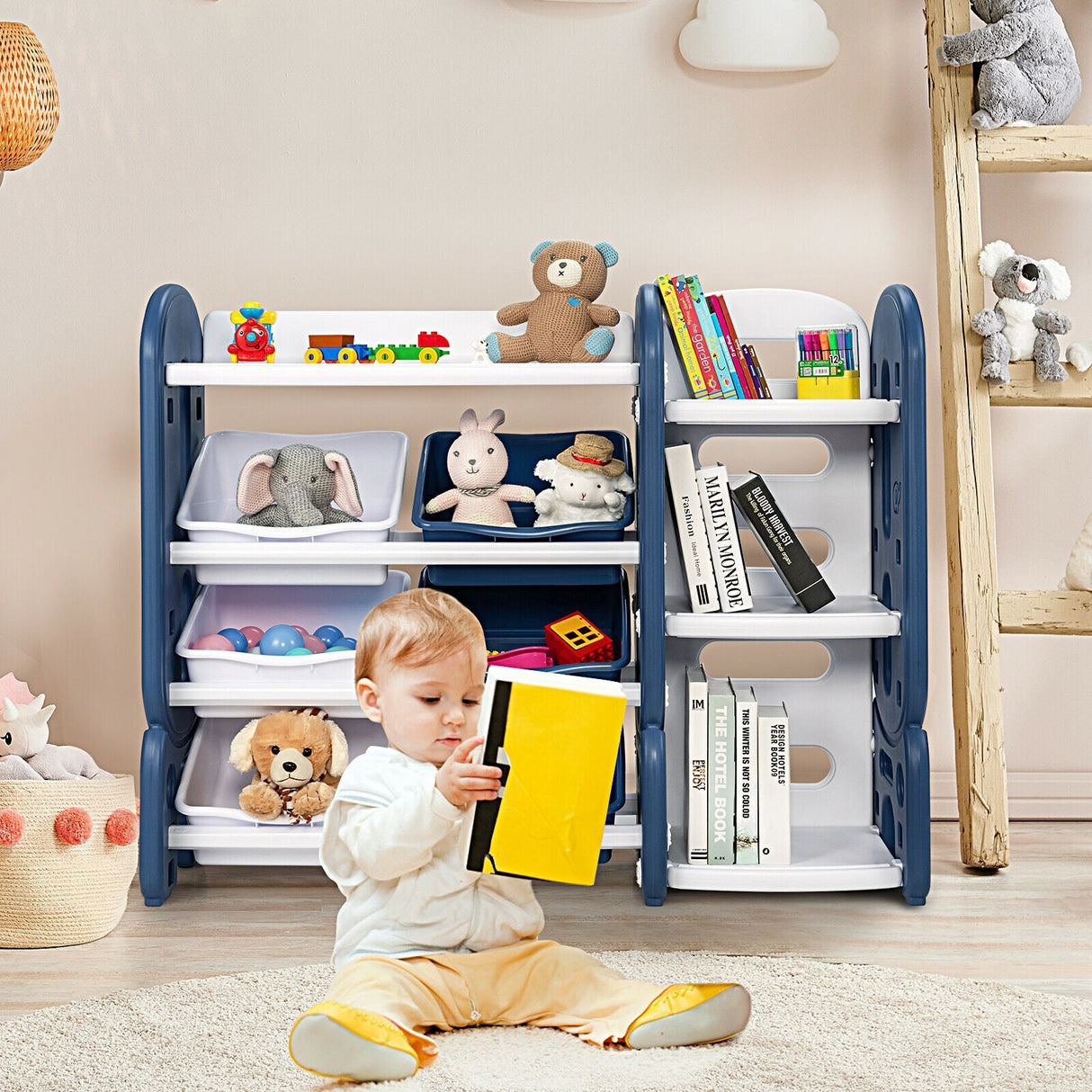 Organizador de almacenamiento de juguetes para niños con cubos y estante multicapa para dormitorio o sala de juegos