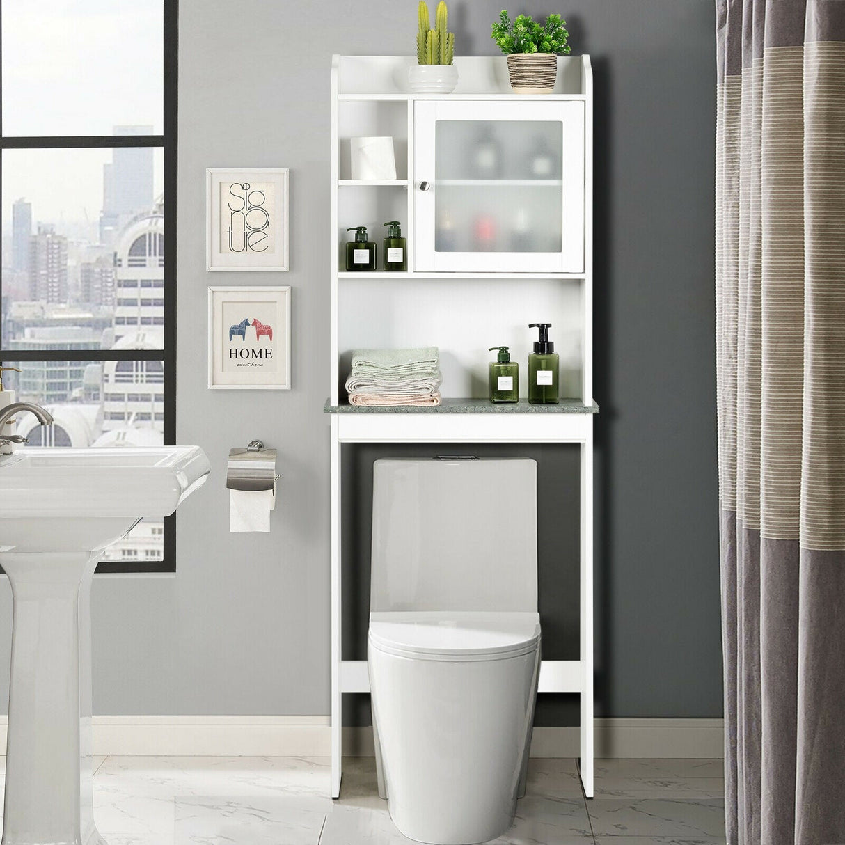 Armario blanco para baño ahorrador de espacio, sobre inodoro