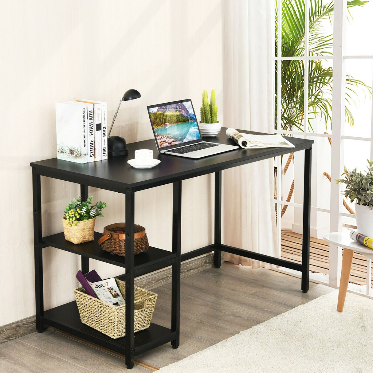 Escritorio de ordenador de 47 pulgadas, mesa de estudio, estación de trabajo para el hogar con estante ajustable, negro