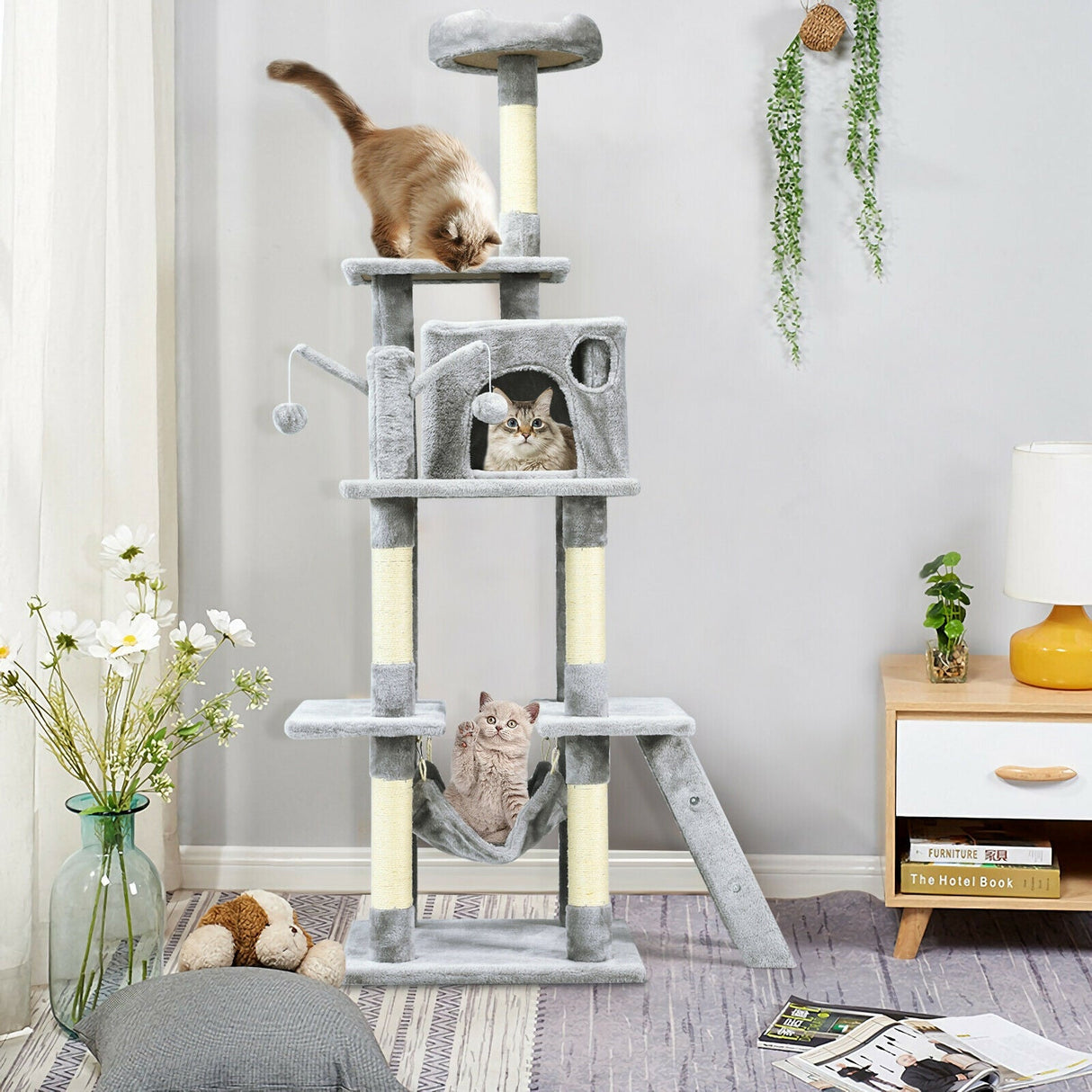 Árbol para gatos de 66 pulgadas, condominio, centro de actividades multinivel para gatitos - Gris