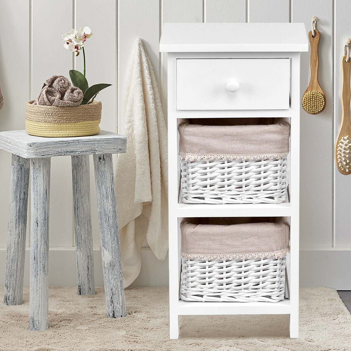 Mesa auxiliar de noche para dormitorio con cajones y cestas, 2 unidades, color blanco