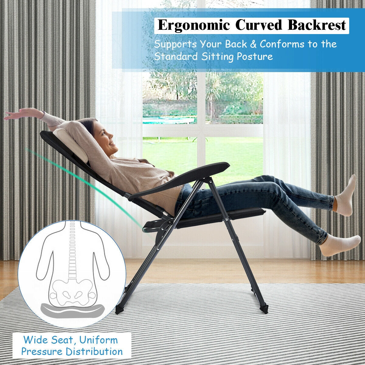 Juego de 4 sillas plegables para patio con respaldo ajustable - Negro