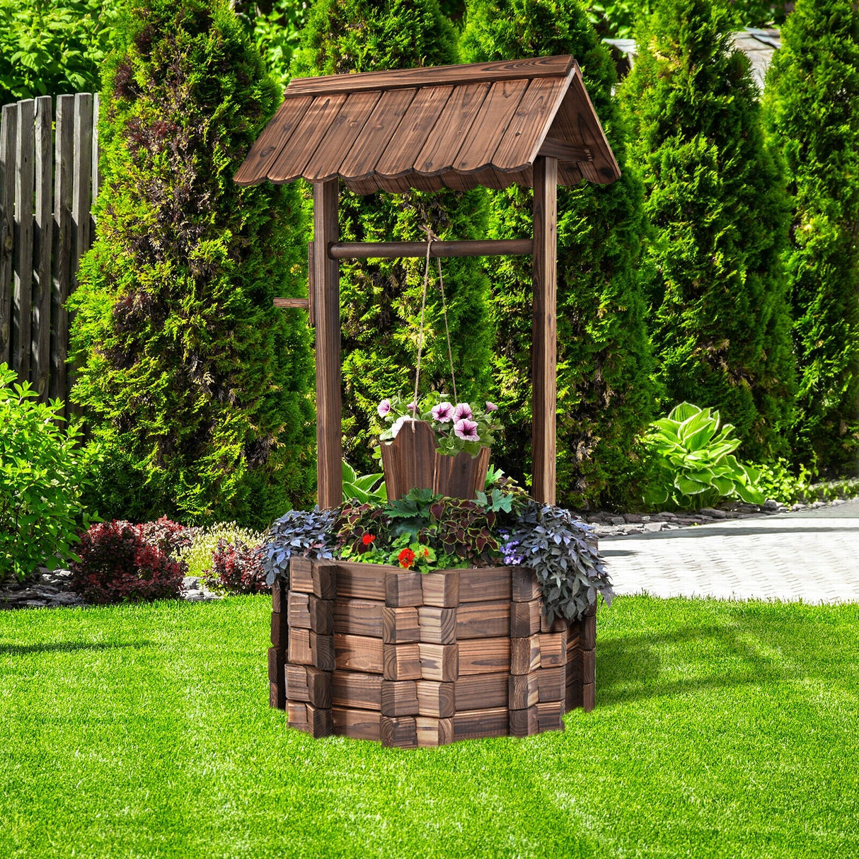 Cubo/Maceta decorativa de madera para jardín con pozo de los deseos