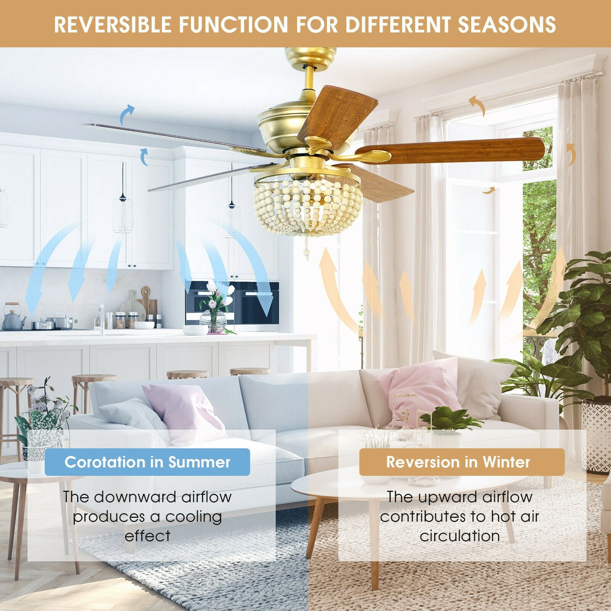 Ventilador de techo retro de 52 pulgadas con luz, aspas reversibles y control remoto