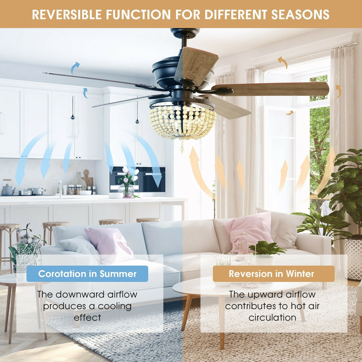 Ventilador de techo retro de 52 pulgadas con luz, aspas reversibles y control remoto
